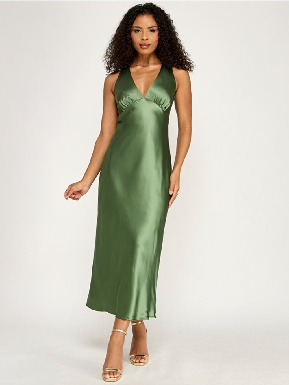 Emerald Sundae Olive Satin V-Neck Maxi Dress  Size L(8/9)